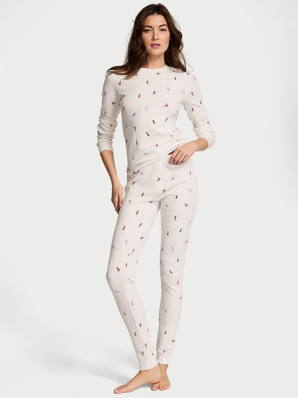 Victoria's Secret Cream Thermal Pajama Set with Red & Black Print